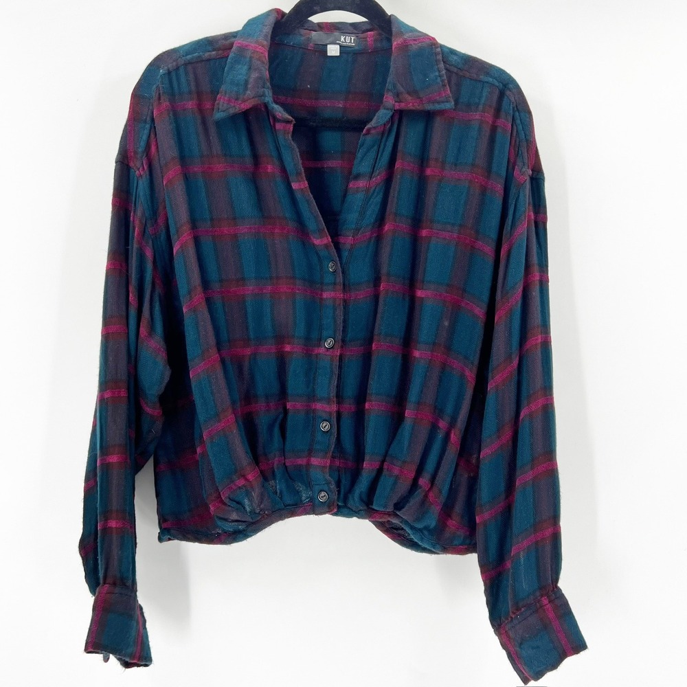 Kut from the Kloth Plaid Button Down Women Medium Teal Magenta Good‎ Cropped Hem